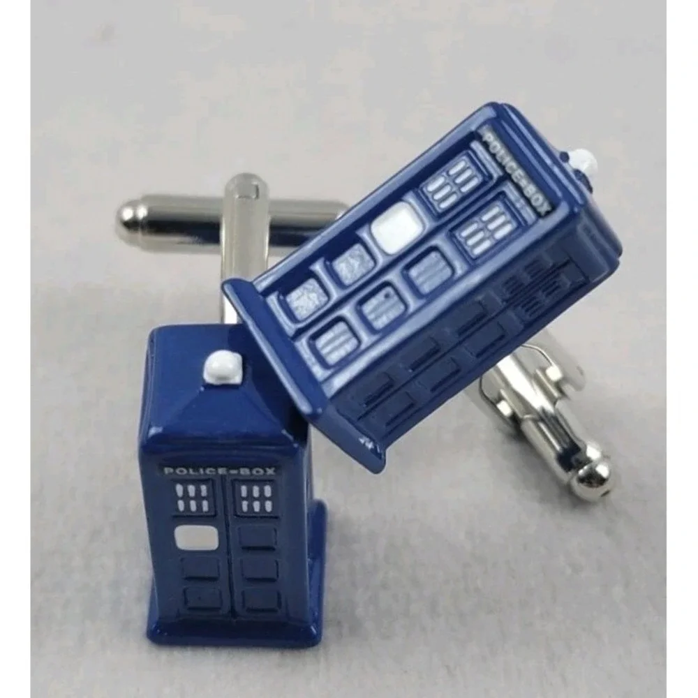 TARDIS CUFFLINKS Dr Who Police Phone Box 3D Blue Enamel Sci-Fi Fan